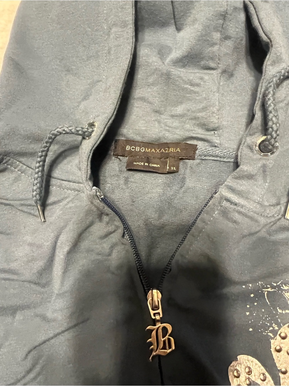 BCBGMaxAzria Navy Zip Hoodie with Decorative B Pendant - Picture 6 of 7